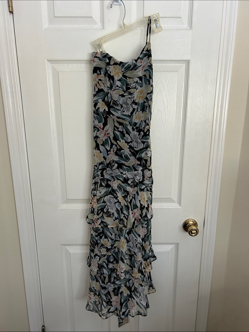 Petal & Pup Black Floral One-Shoulder Midi Dress with Cream & Green Blooms
